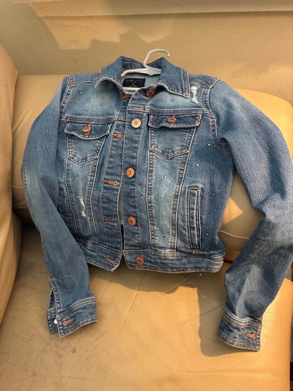Celebrity Pink Light Blue Distressed Girl’s Denim Jacket with Studs